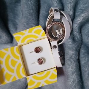 Origami owl white leather wrap bracelet with butterfly charm and earrings